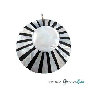 Mother Of Pearl Shell Black & White Striped Sunrays Round Pendant